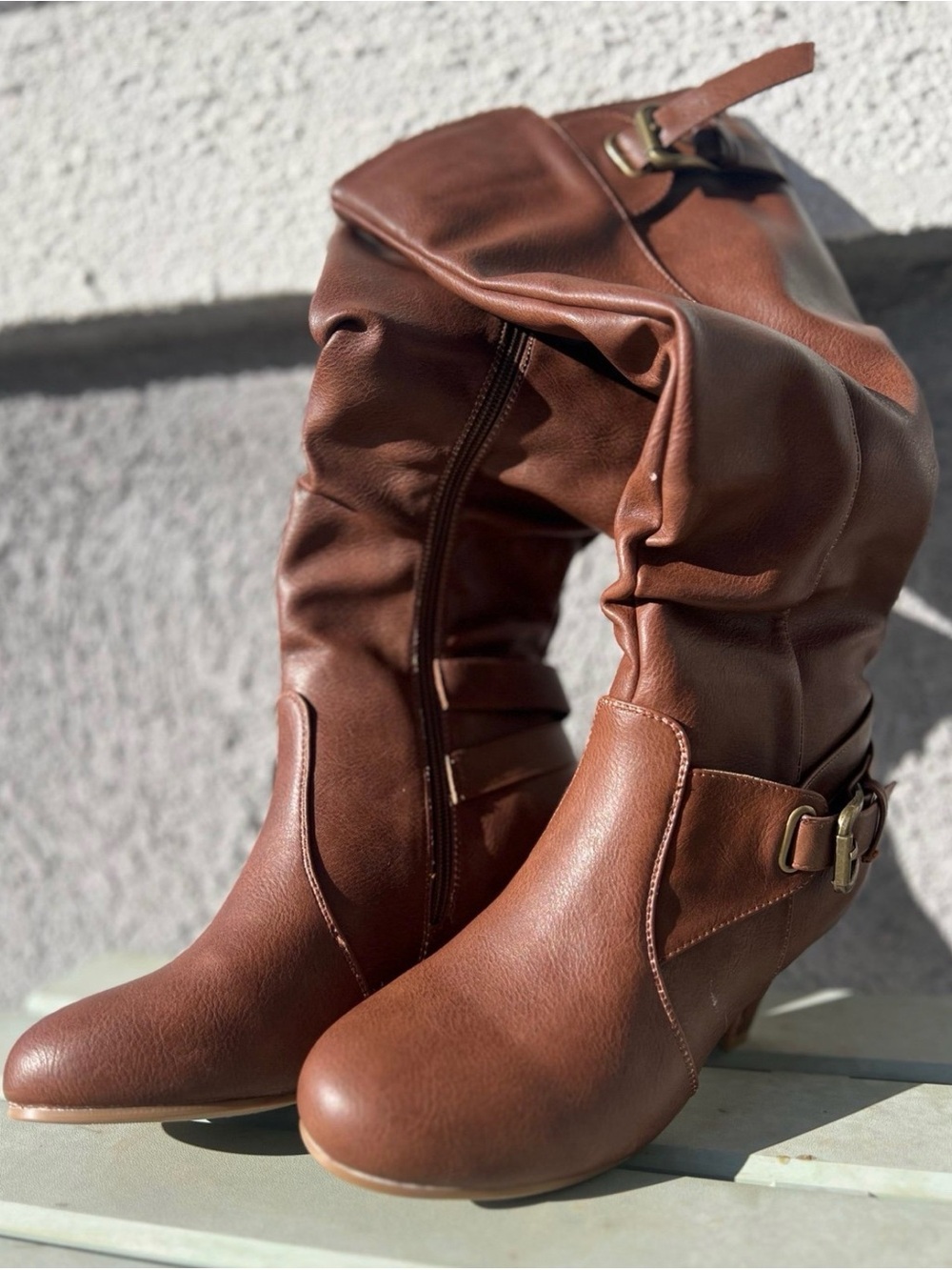 Guess Cognac Brown Slouchy Knee-High Buckle Boots